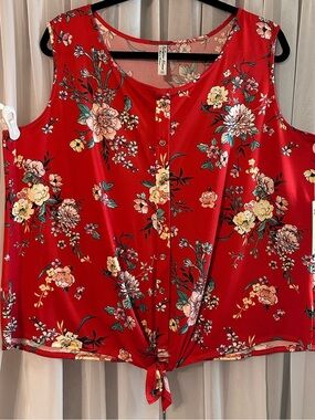 PerSeption Woman Red Floral Tie-Front Sleeveless Tank Top Size 2X